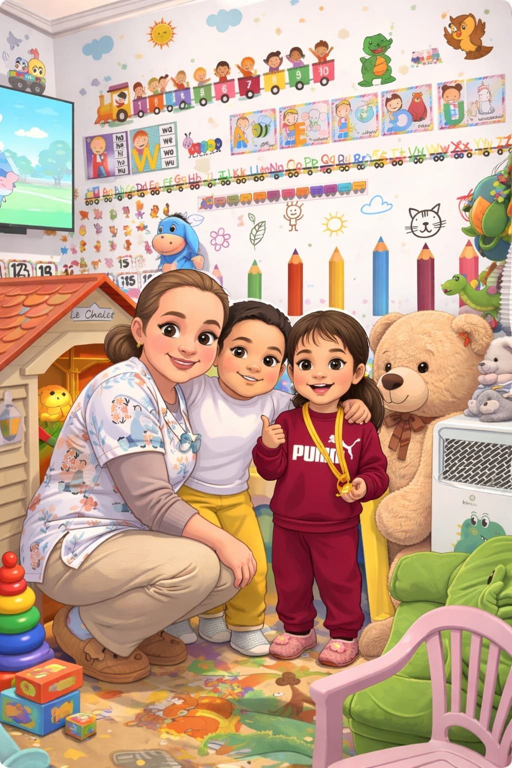 Ilustración de niños felices con adulta